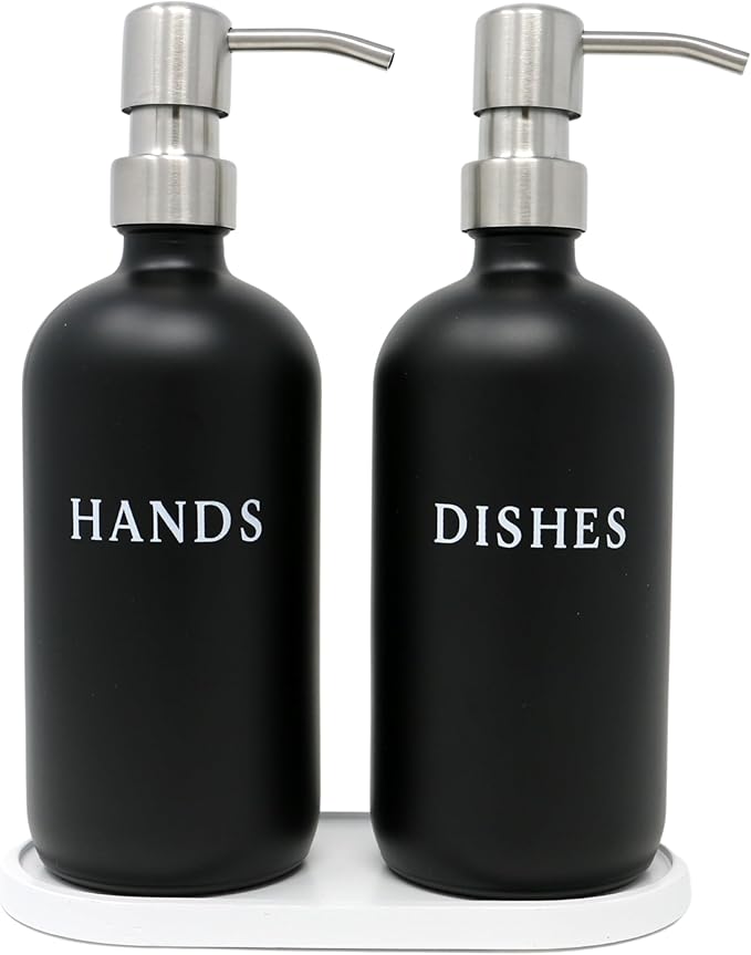 Black Glass Hand and Dish Soap Dispenser Set - Modern Farmhouse Sink Accessories - 16 oz Kitchen Sink Set With Tray, Stainless Pumps & Funnel