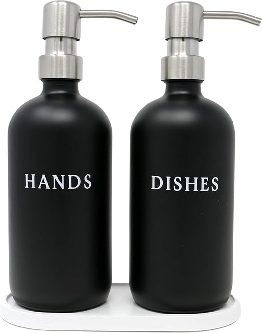 Black Glass Hand and Dish Soap Dispenser Set - Modern Farmhouse Sink Accessories - 16 oz Kitchen Sink Set With Tray, Stainless Pumps & Funnel