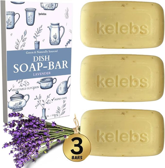 KELEBS Lavender Hypoallergenic Dish Soap Bar - Organic - Pack of 3, Skin-Safe, Non-Toxic, Sustainable Kitchen Soap - Zero Waste
