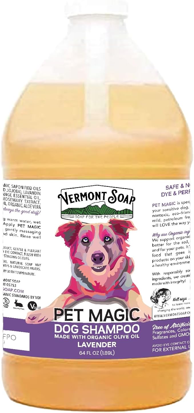 VERMONT SOAP Organics Pet Shampoo - Infused with Organic & Natural Olive Oil, Coconut & Aloe Vera Dog Shampoo for Sensitive Skin - USDA Certified Grooming, Lavender (64oz)