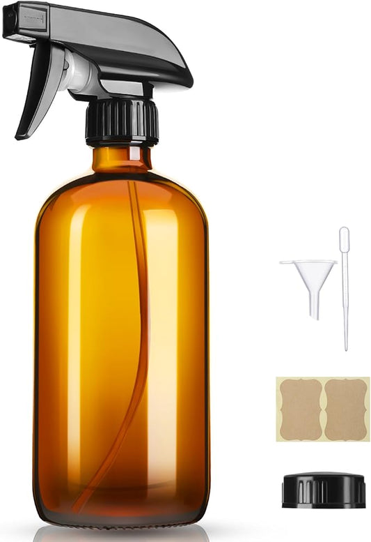16oz Amber Glass Spray Bottles,1 Pack Glass Spray Bottles Refillable Empty Bottle with Adjustable Nozzle,Spray Bottle for Essential Oils,Cleaning,Pets,Hair Mister
