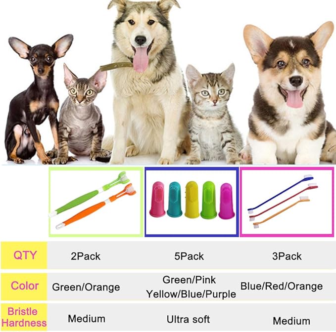 10 Pack Pet Dog Toothbrush, 2 Triple Head Pet Toothbrushes 3 Double Head Tooth Brush 5 Pack Finger Rubber Toothbrushes, Multi-Angle Dental Cleaning Brushes for Dog Cat Oral Dental Health