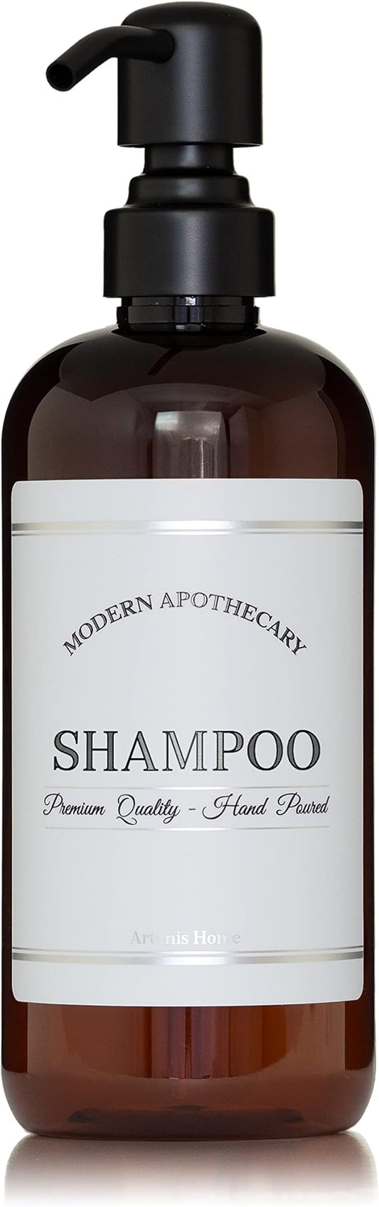 Amber PET Plastic Refillable Shampoo Pump Bottle Dispenser with 304 Grade Black Satin Stainless Steel Pump, 16 oz Bathroom Bottle with Chrome Accent Waterproof Label, Reusable Shower Container