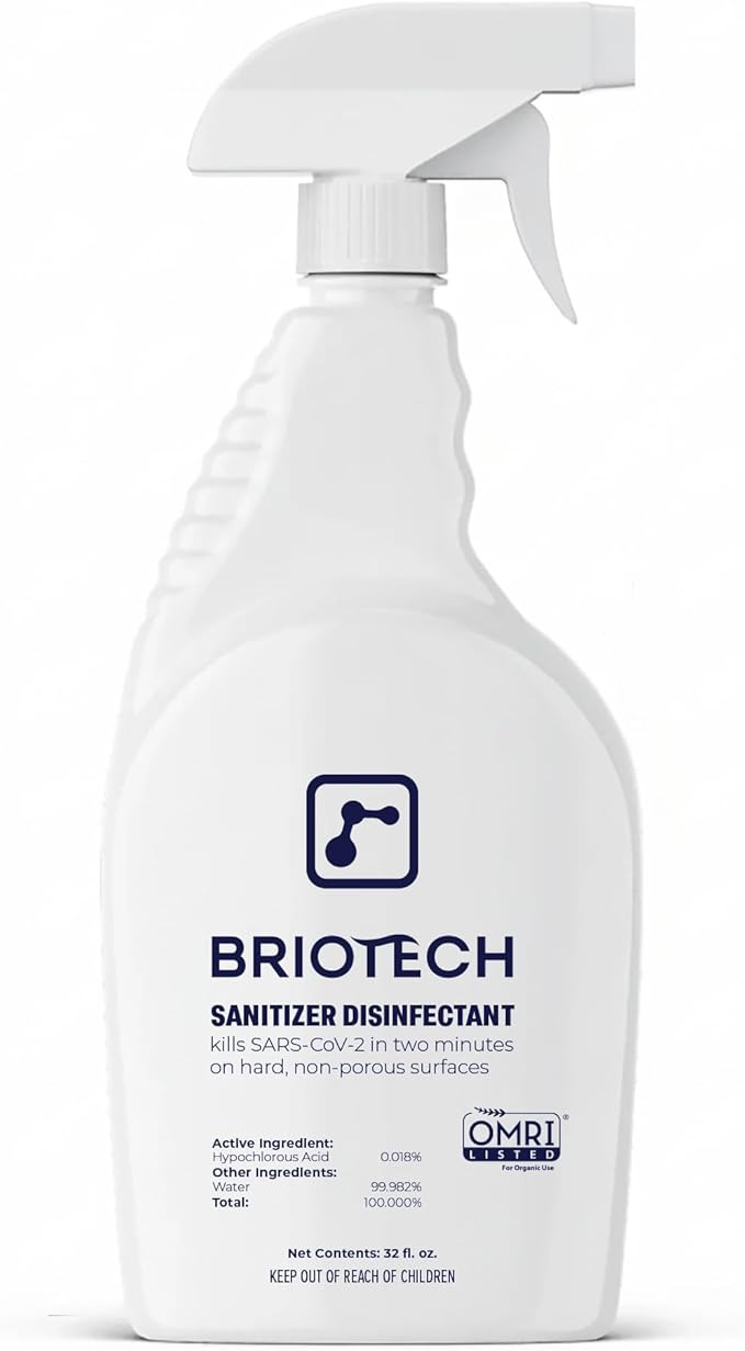 BRIOTECH Sanitizer Disinfectant Hypochlorous Spray, Kill 99.99% of Viruses & Bacteria, Control Mold, Eliminate Odor, Gentle for Nursery & Play Rooms, Food Contact Surface Sanitizer, 32 fl oz