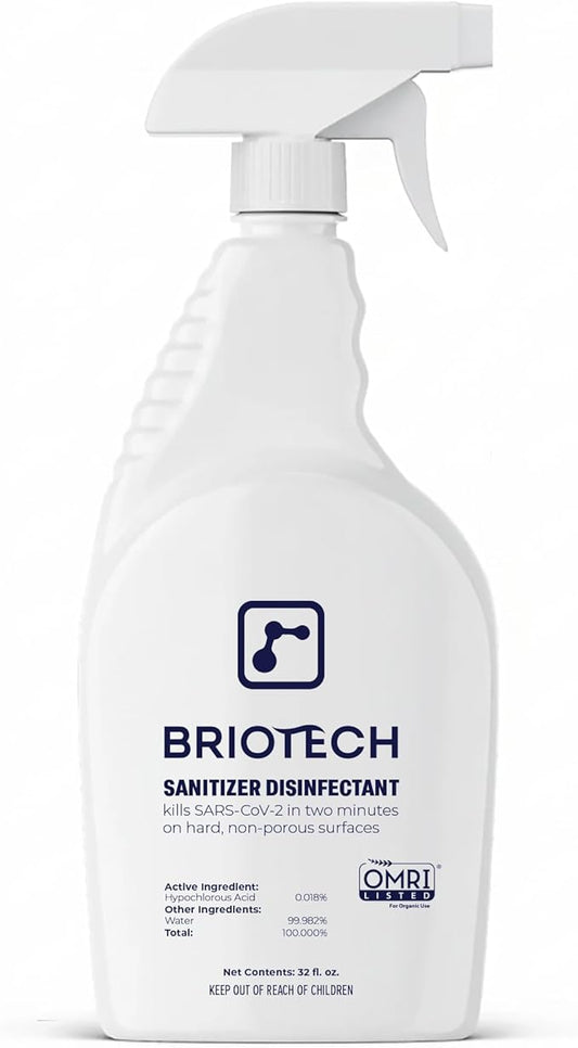 BRIOTECH Sanitizer Disinfectant Hypochlorous Spray, Kill 99.99% of Viruses & Bacteria, Control Mold, Eliminate Odor, Gentle for Nursery & Play Rooms, Food Contact Surface Sanitizer, 32 fl oz