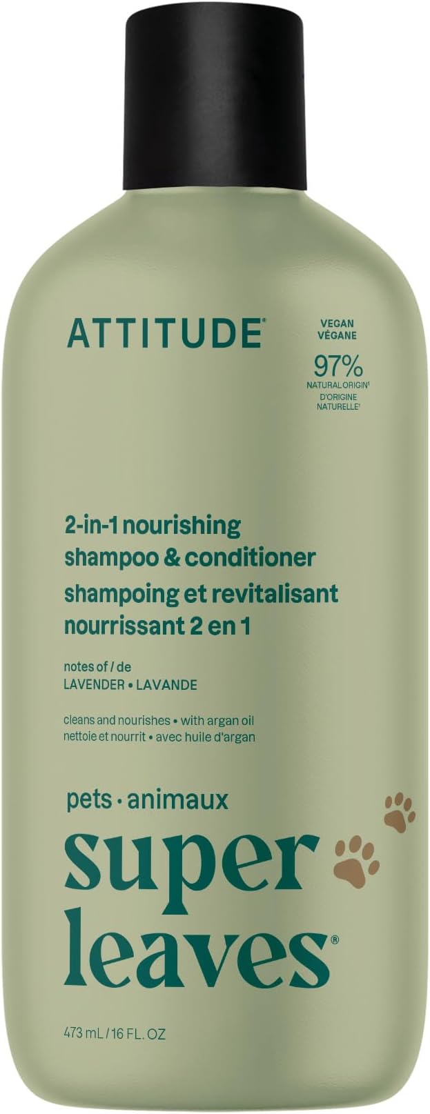 ATTITUDE 2in1 Nourishing Shampoo and Conditioner for Cat & Dog, Vegan and Cruelty-Free, Lavender & Argan Oil, 16 Fl Oz