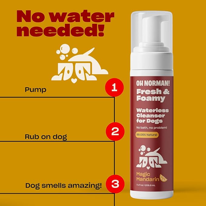 OH NORMAN! Hypoallergenic Magic Mandarin Scent Fresh and Foamy Dry Shampoo for Dogs by Kaley Cuoco - 7.1 Fl Oz Cruelty-Free Waterless Dog Shampoo No Rinse