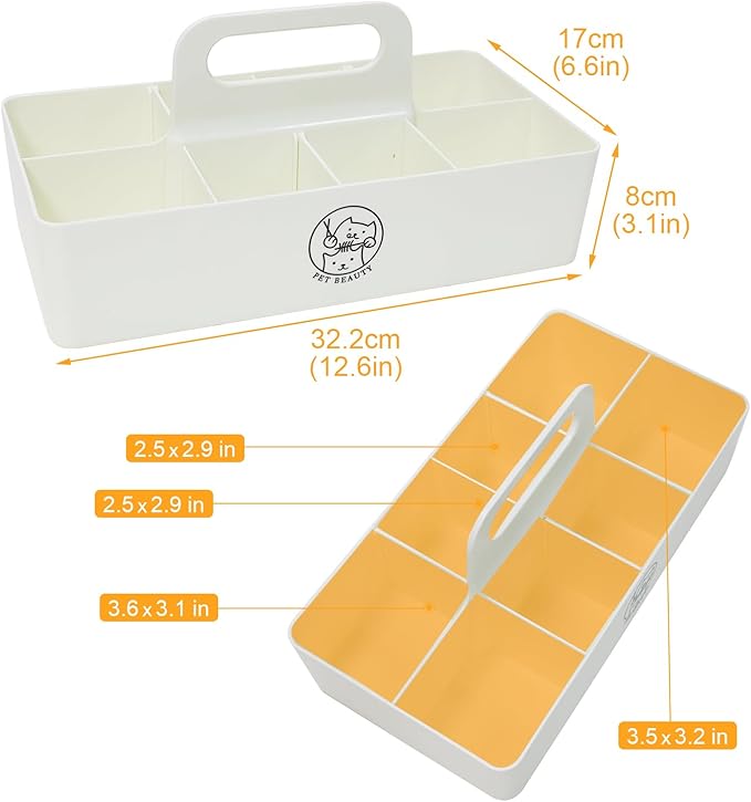 Dog Storage Organizer for Grooming Supplies,8-Compartment Caddy for Dog Cat Grooming Kit,Pet Stuff Storage, Ieal for Shampoo, Trimmer,Clipper,Combo,Brush-Modern Minimalist White