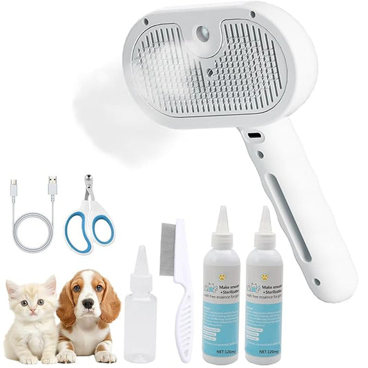 Cat Steam Brush for Shedding– 4-in-1 De-Shedding, Steam Spray, and Self-Cleaning Grooming Tool – Ideal for Long and Short-Haired Pets– Includes 2 Bottles of 120 mL Waterless Shampoo(White)