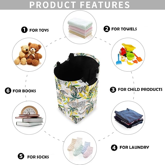 visesunny Collapsible Laundry Basket Tropical Leopard Zebra Animal Large Laundry Hamper with Handle Toys and Clothing Organization for Bathroom, Bedroom, Home, Dorm, Travel