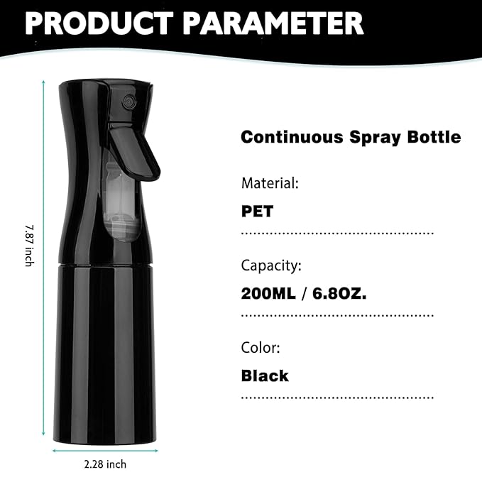 Continuous Mist Spray Bottle for Hair, Face & Plants (6.8oz/200ml) - Ultra Fine Travel-Size Water Mister for Salons, Cleaning, Pets & Skincare Leakproof Design