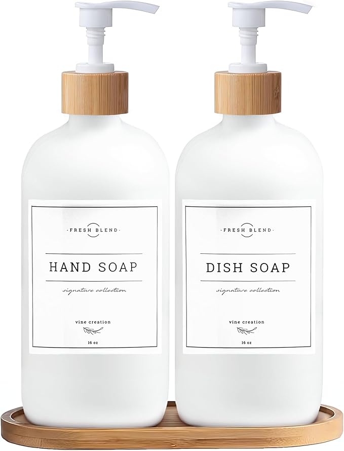Vine Creations White Glass Soap Dispenser Set - Kitchen Soap Dispenser Set with Tray - Bamboo Dish Soap and Hand Soap Dispensers Set for Bathroom - White Kitchen Decor with Waterproof Labels