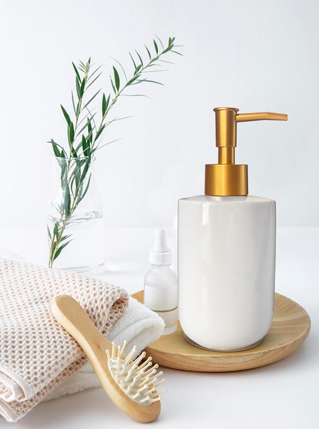 White Liquid Soap Dispenser with Golden Pump for Bathroom,Kitchen Refillable Dispenser,Countertop Lotion Ceramics Hand Dispenser 420ml (Cylindrical White Bottle)