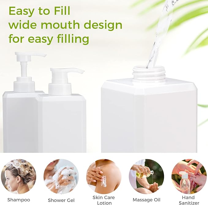 Suream Shampoo and Conditioner Dispenser Set - 27oz Plastic Empty Bottle with 4PCS Lables, Reusable Countertop Soap Organizer for Shower Gel, Hand Wash, Lotion, Massage Oil