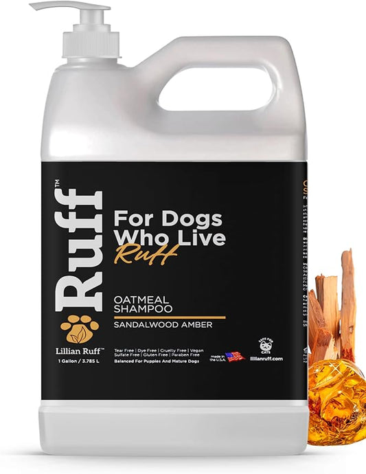 Ruff by Lillian Ruff Oatmeal Dog Shampoo Sandalwood Amber – Moisturizing Pet Shampoo with Aloe & Coconut Oil – Relieves Itching, Hot Spots & Odor – Puppy Safe – Made in USA (Gallon with Pump)