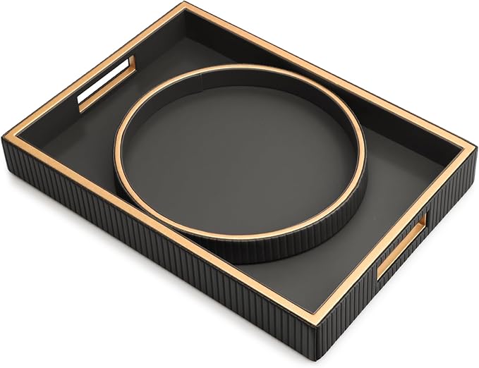 SANZIE Leather Tray Desktop Storage Organizer Premium Serving Tray Decorative Tray Valet Tray for Sundries Cosmetics Phone Wallet Cutlery, Combination, Black