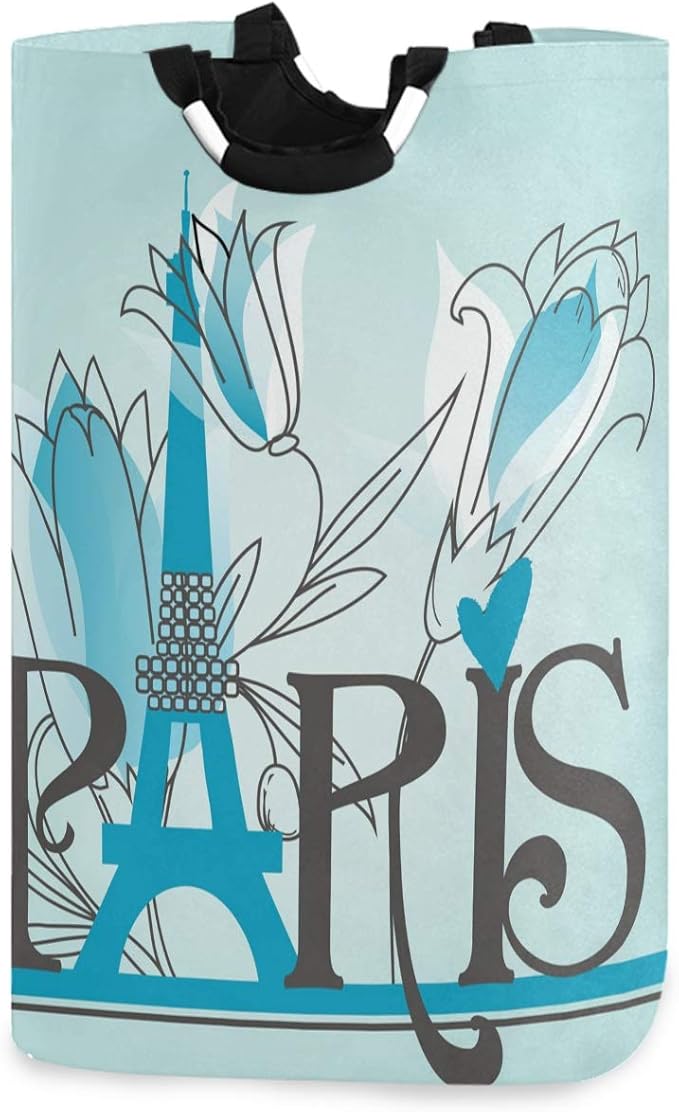 visesunny Paris Letters Blue Pattern Large Laundry Hamper with Handle Foldable Durable Clothes Hamper Laundry Bag Toy Bin for Bathroom, Bedroom, Dorm, Travel