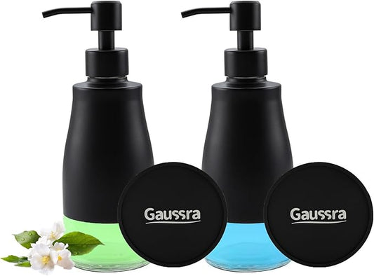 Gaussra Black Soap Dispenser with Coaster and Stickers, Dish Soap Dispenser for Kitchen, Hand Soap Dispenser for Bathroom, 304 Stainless Steel Glass Lotion Dispenser (2 Pack)