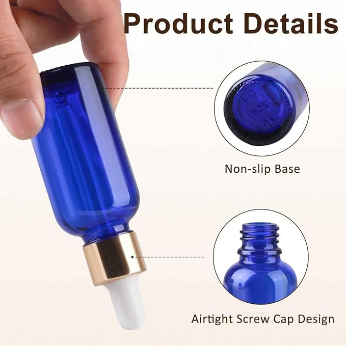 1 oz Dropper Bottles for Essential Oils，12Pack Blue Glass Bottles with Glass Eye Dropper Leak Proof Travel Dispenser Bottle for Essential Oils,tincture, Aromatherapy, Chemistry Lab Chemicals
