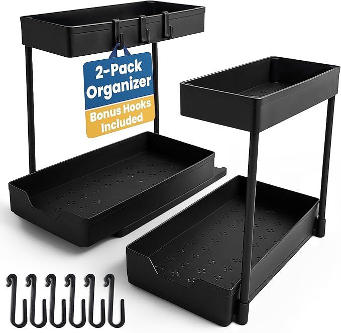2-Pack Under Sink Organizer, 2-Tier Sliding Cabinet Storage, Under Sink Organizer with Hooks for Kitchen Bathroom Closet Pantry
