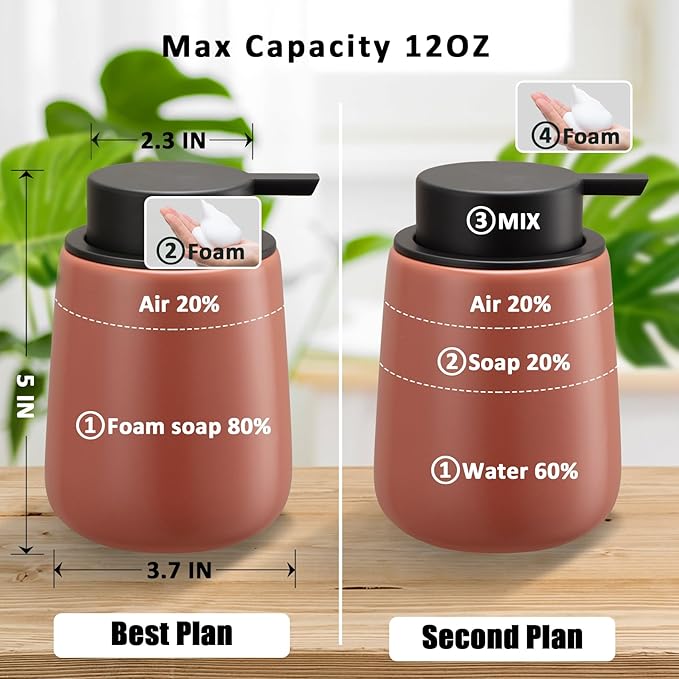 Soap Foaming Dispenser Ceramic with Easy-to-Press Pump Hand Foam Dispenser for Shampoo Bathroom Kitchen 12 oz