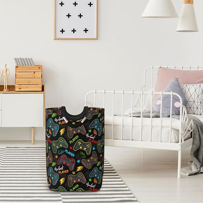 Video Game Gaming Joysticks Large Laundry Hamper Bag With Waterproof Liner - Laundry Basket Foldable Clothes Storage Organizer For Bathroom Bedroom Nursery Dorm