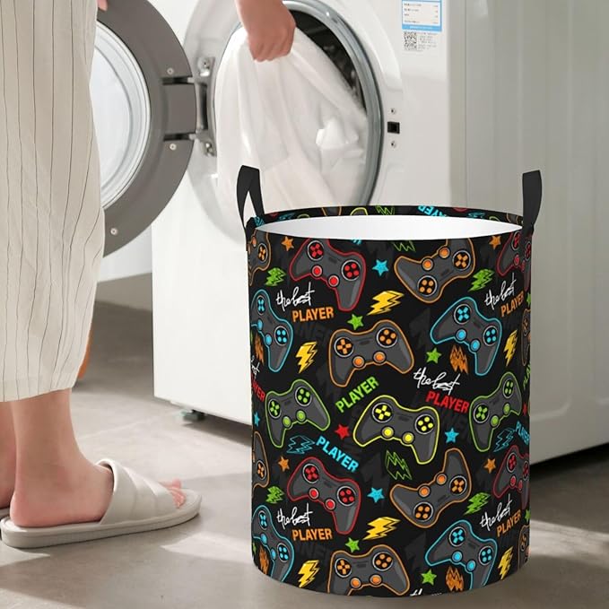Gaming Joysticks Laundry Hamper Bag With Waterproof Liner - Video Game Controller Round Laundry Basket Foldable Clothes Storage Organizer For Bathroom Bedroom Nursery Dorm, S-16.5"X 13.8"