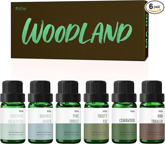 Fragrance Oil, MitFlor Woodland Set of Scented Essential Oils, 10ml x 6, Soap & Candle Making Scents, Essential Oils for Diffusers for Home, Pine Forest, Cedarwood, Oakmoss Amber & More