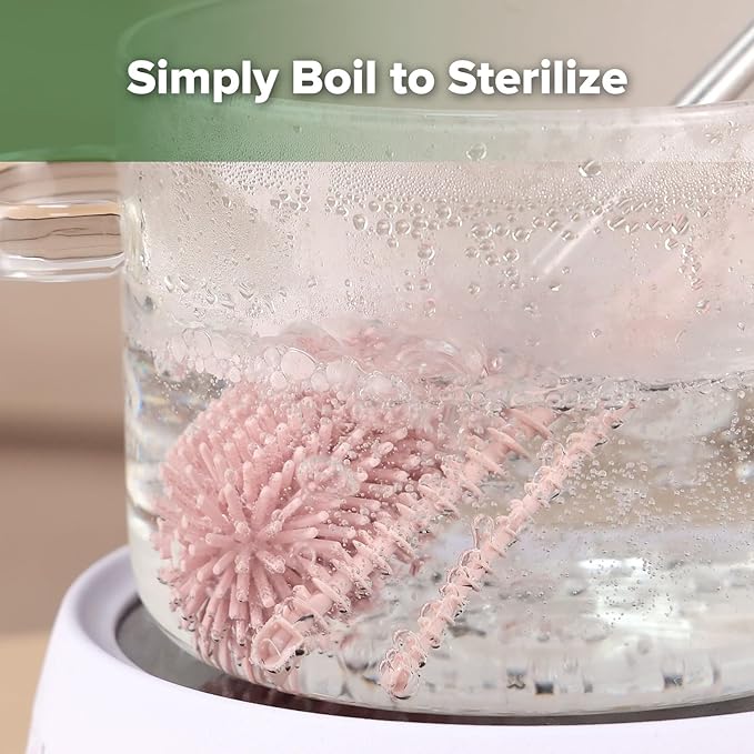 Haakaa Silicone Cleaning Brush Kit - Baby Bottle Brush Cleaner for Breast Pump,Nipple,Breast Milk Storage Bag,Reusable Straw,Sippy Cup - Food Grade Silicone Bristles, Portable - 3 Pcs - Pink