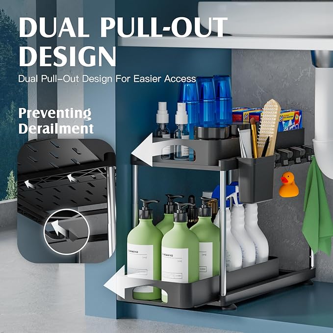 2 Pack Under Sink Organizer, 2 Tier Under Sink Organizers and Storage for Kitchen Bathroom, Height Adjustable Cabinet Organizer with Two Slide-Out Drawers,Black