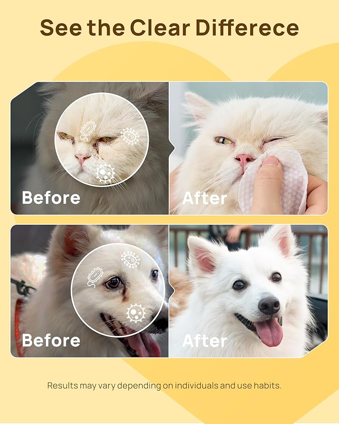 HICC PET Eyes Wipes for Dogs & Cats, Vet-Recommended Dog Eye Infection Treatment, Gently Remove Tear Stain, Debris, Discharge - Hypoallergenic Pet Eye Wash Cleaner for Eyes, Wrinkle, Face - 100pcs