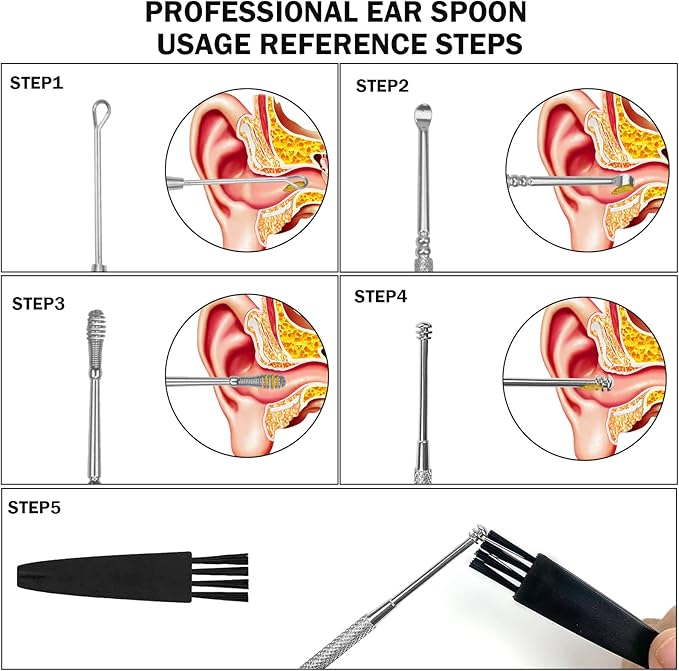 Hion 8 Pcs Ear Wax Removal Kit,Professional Double-Headed Ear Pick Earwax Removal Tools,316L Stainless Steel Ear Cleaner Curette with Cleaning Brush and Storage Box,Suit for Kid Adult(Silver)