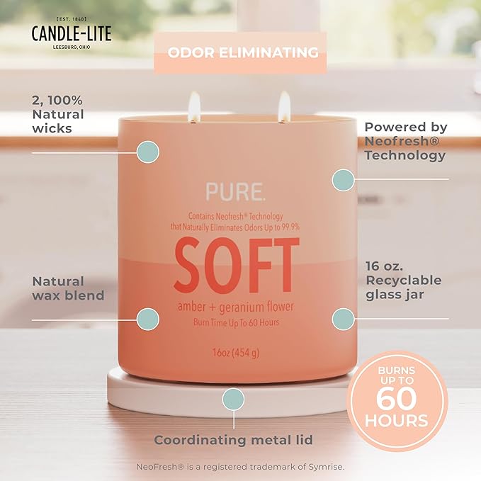 Candle-Lite Pure Amber & Geranium Flower Odor Eliminating Scented Candles, Neofresh Technology Eliminates 99.9% of Odors, 16 oz 2-Wick Jar, Proudly Poured in The USA, Up to 60 Hours Burn Time