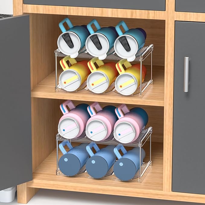 Stackable Water Bottle Organizer for Cabinet,4 Pack Water Bottle Holder for Stanley Yeti 40 oz Bottle Shelf,Clear Tumbler Storage Organizer,Wine Rack,Cup Organizer for Kitchen Cabinets Counter Pantry