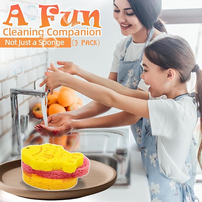 3 Pcs Cute Compressed Wood Pulp Cotton Sponges Bulk Animal-Shaped Reusable and Highly Absorbent for Dishwashing, Kitchen Surfaces, and Bathroom Cleaning, Zoo-EOF