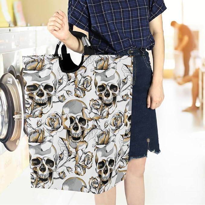 visesunny Gold Skull And Rose Floral Large Laundry Hamper with Handle Foldable Durable Clothes Hamper Laundry Bag Toy Bin for Bathroom, Bedroom, Dorm, Travel