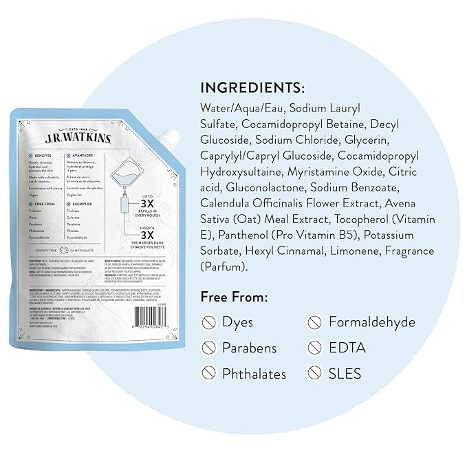 J.R. Watkins Gel Hand Soap Refill, Moisturizing Hand Wash, Formulated with Plant-Based Cleansers, Alcohol-Free, Cruelty-Free, Ocean Breeze, 34 Fl Oz, 2 Pack