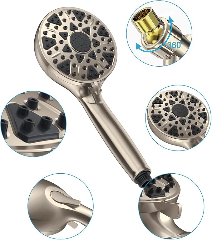 High Pressure Shower head with Handheld 7 Modes, Built-in Power Wash to Clear Tub. Tile & Pets, 5” High Flow Hand Held Rain Showerhead with Stainless Steel Hose and Adjustable Bracket- Brush Nickel