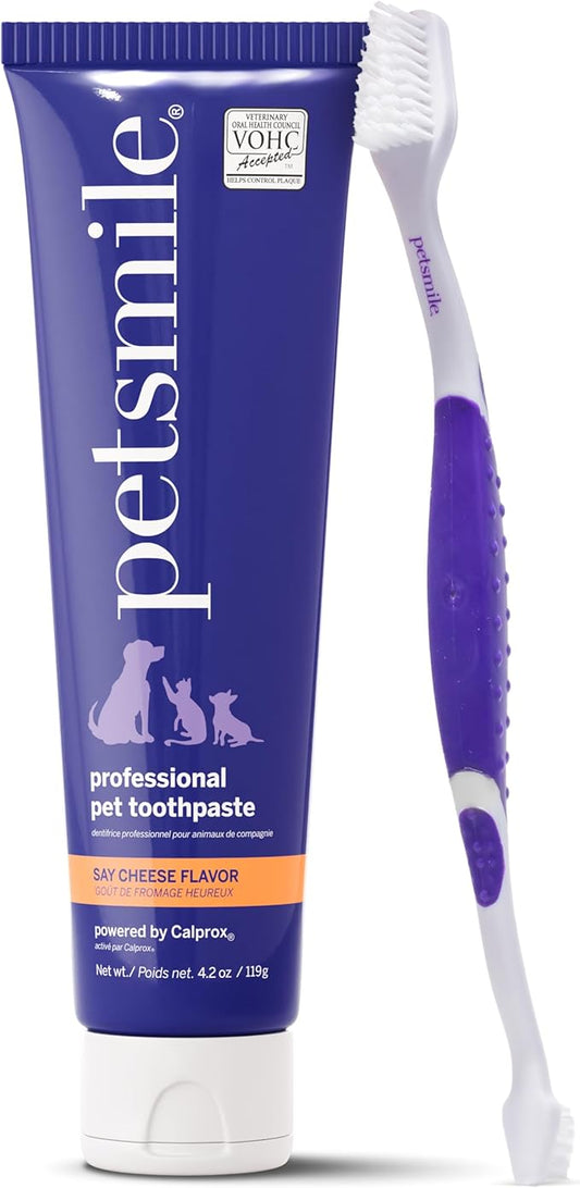 Petsmile Professional Pet Teeth Brushing Kit for Cats & Dogs - Only VOHC Accepted Toothpaste & Patented Toothbrush - Proven to Control Plaque & Tartar Calprox Formula (Say Cheese, 4.2 Oz)