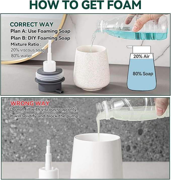 Ceramic Foaming Soap Dispenser - 12 Oz Beige Foam Hand Soap Dispenser for Bathroom, Hand Wash Dispenser Bottle with Grey Foam Pump, Minimalist Refillable Dish Dispenser for Kitchen