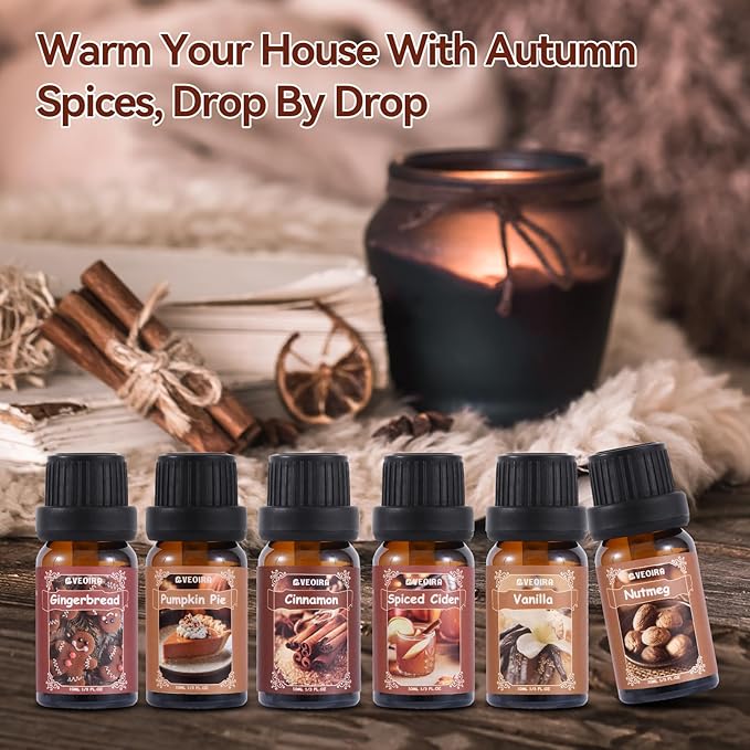 Spice Fragrance Oils Set, AVEOIRA Fall Essential Oil Set for Diffuser, Candle, Soap Making, Nutmeg, Pumpkin Spice, Vanilla, Cinnamon, Spiced Cider, Gingerbread, Scented Oils, 6x10ml