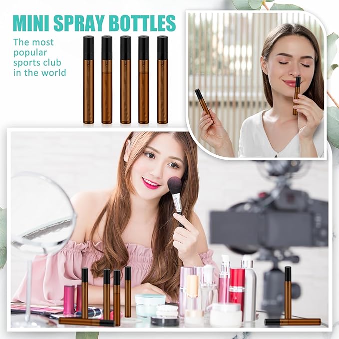 Zhehao 50 Pcs Mini Spray Bottles 10ml Clear Glass Perfume Bottles Refillable Fine Mist Perfume Atomizer Portable Empty Sample Containers for Cleaning, Essential Oils, Travel (Amber)