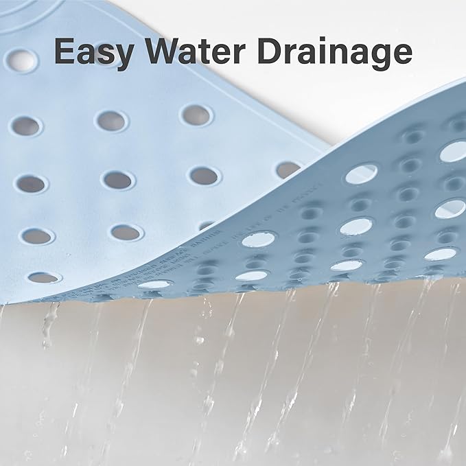 Rubber Bathtub Mat Shower Mat Non-Slip, 31x14 Inch, Bath Tub Floor Mat with Suction Cups and Drainage Holes, Light Blue