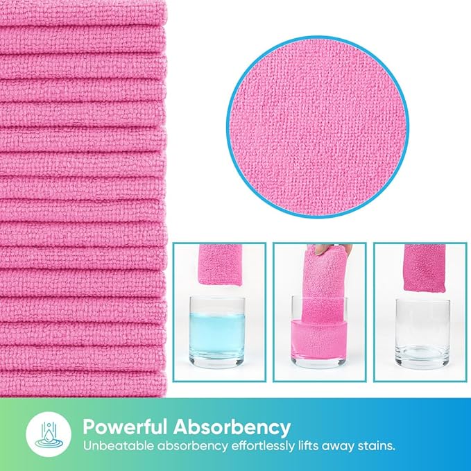 HOMEXCEL Microfiber Cleaning Cloths 20 Pack, Highly Absorbent, Lint & Scratch-Free Cleaning Rags for House Kitchen, Pink Microfiber Towels for Car 11.5 x 11.5 inch