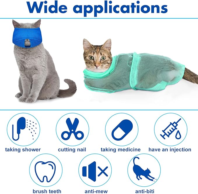 9 Pcs Cat Bathing Bag Set Cat Shower Bag Anti Bite and Scratch for Pet Grooming Washing Brush Comb Muzzle Nail Clipper Nail File Tick Tool(Blue, Turquoise)