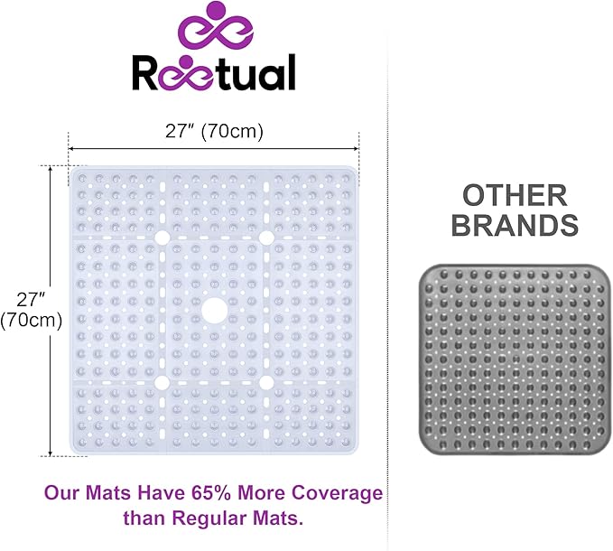 Reetual XL Shower Mat Non Slip - 27x27 Bath Mat for Shower Stall or Large Bathtub Mat with 240 Powerful Suction Cups and Drain Holes. Black Shower Mats for Bathroom (Clear Mat)