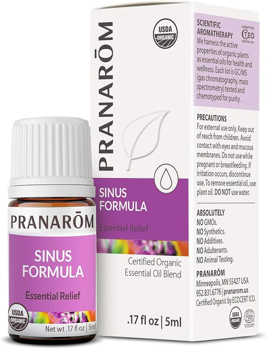 Pranarom - Sinus Formula Essential Oil Blend (5ml) - Olive Oil, Eucalypts, Peppermint, Rosemary, Frankincense, & Thyme - 100% Pure Essential Oil for Topical Use | USDA and ECOCERT Certified Organic