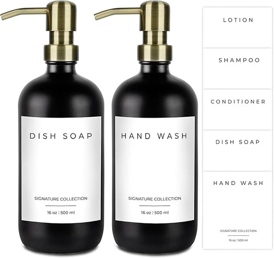 Emerson Soap Dispenser, Dish Soap Dispenser for Kitchen, Soap Dispenser Bathroom Set - Hand Soap Dispenser, Kitchen Soap Dispenser Set, Glass Soap Dispenser with Pump and Labels - 16 Oz, 2 Pack