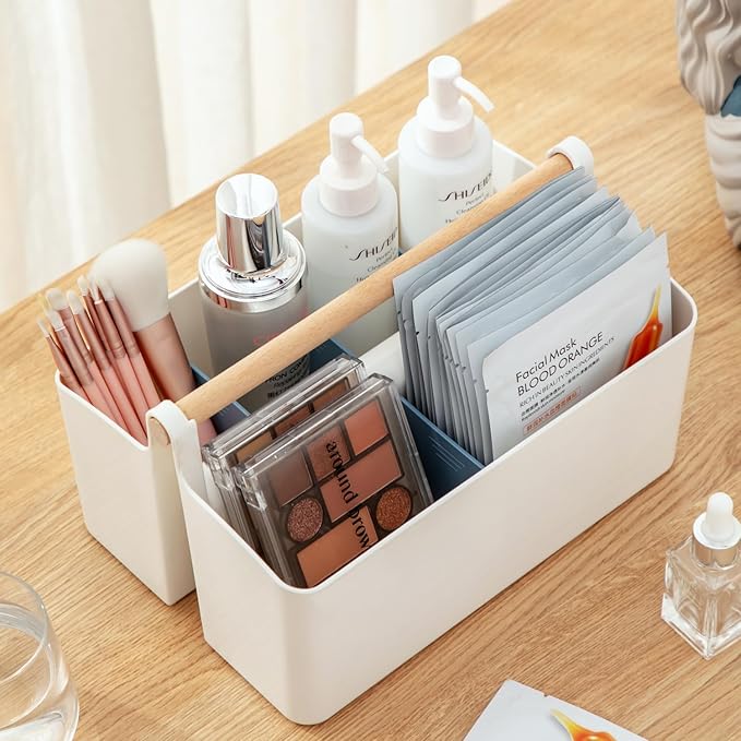 Large Portable Basket with Handle, Plastic Craft Storage Organizer Caddy Tote with Adjustable Divided for Makeup Art Supplies, Sewing, Colored Pencils-Blue