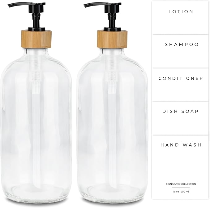 Emerson Soap Dispenser, Dish Soap Dispenser for Kitchen, Soap Dispenser Bathroom Set - Hand Soap Dispenser, Kitchen Soap Dispenser Set, Glass Soap Dispenser with Pump and Labels, 16 Oz | 2-Pack